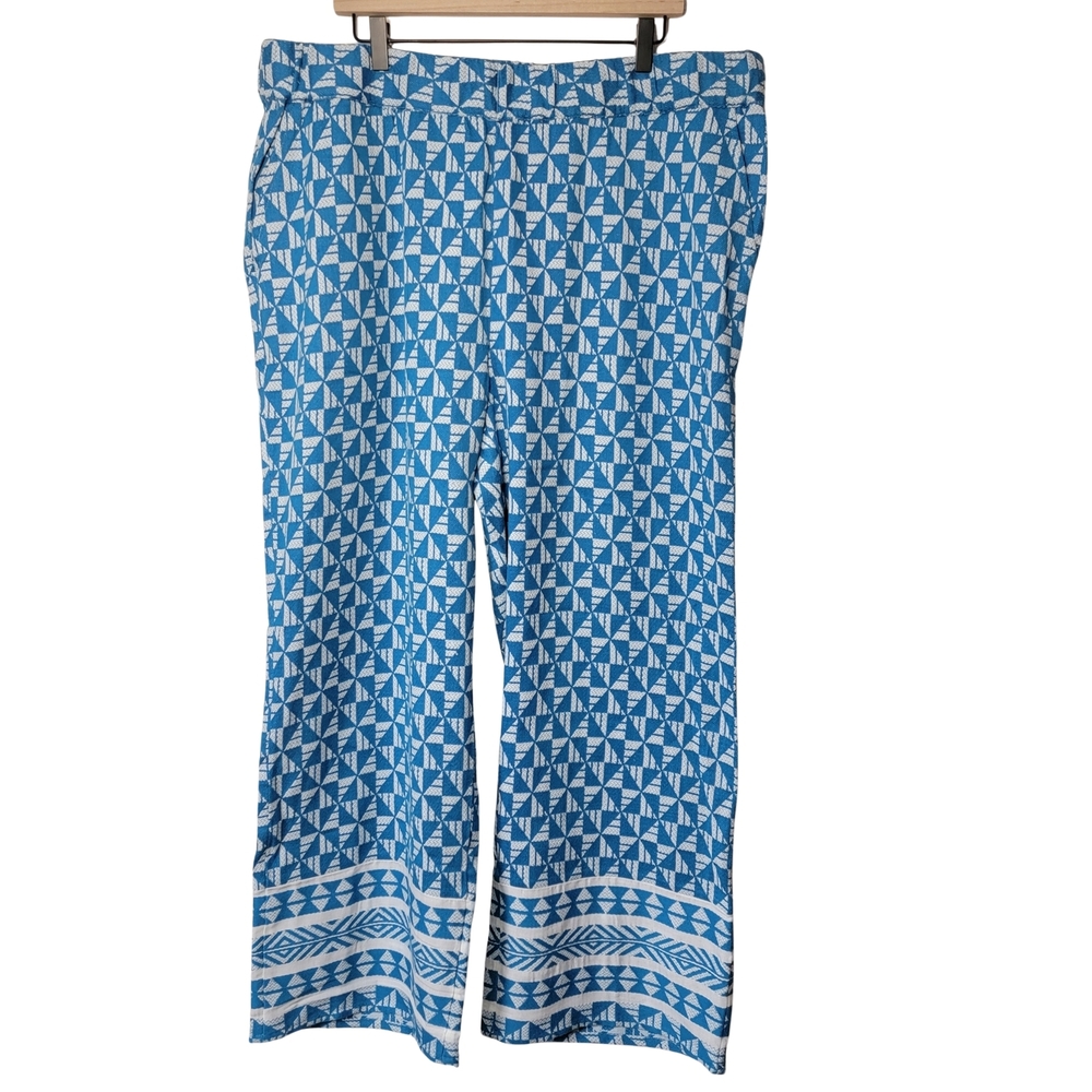 Soft Surroundings Narah Wide Leg Palazzo Pant Blue & White Geometric Print 1X